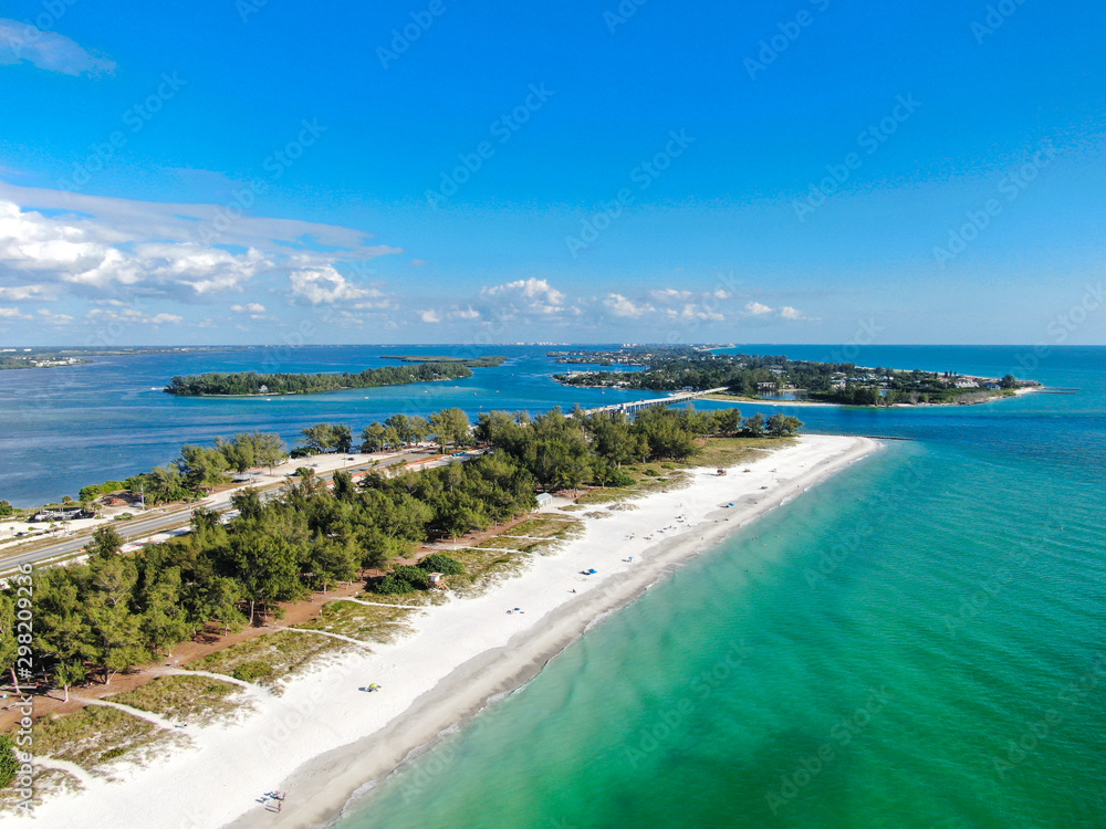 Aerial view of Anna Maria Island, white sand beaches and blue water, barrier island on Florida Gulf Coast. Manatee County. USA Aerial view of Anna Maria Island, white sand beaches and blue water, barrier island on Florida Gulf Coast. Manatee County. USA