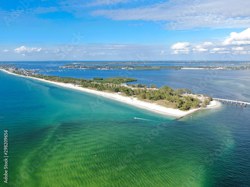 Aerial view of Anna Maria Island, white sand beaches and blue water, barrier island on Florida Gulf Coast. Manatee County. USA © Unwind