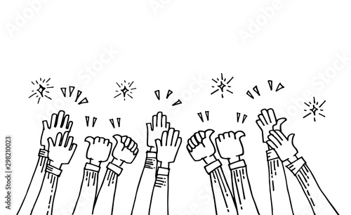 hand drawn of hands up, applause. thumbs up. Hands clapping. applause gestures. congratulation for business. cartoon style. doodle vector illustration
