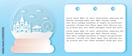 Cute castle town and city fairy tale in blue and paper cut style vector illustration