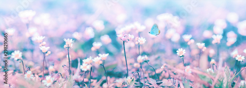 Fototapeta Naklejka Na Ścianę i Meble -  Beautiful micro wildflowers and butterfly in the dreamy meadow panorama. Delicate pink and blue colors pastel toned. Shallow depth macro panoramic background. Copy space. Nature floral springtime