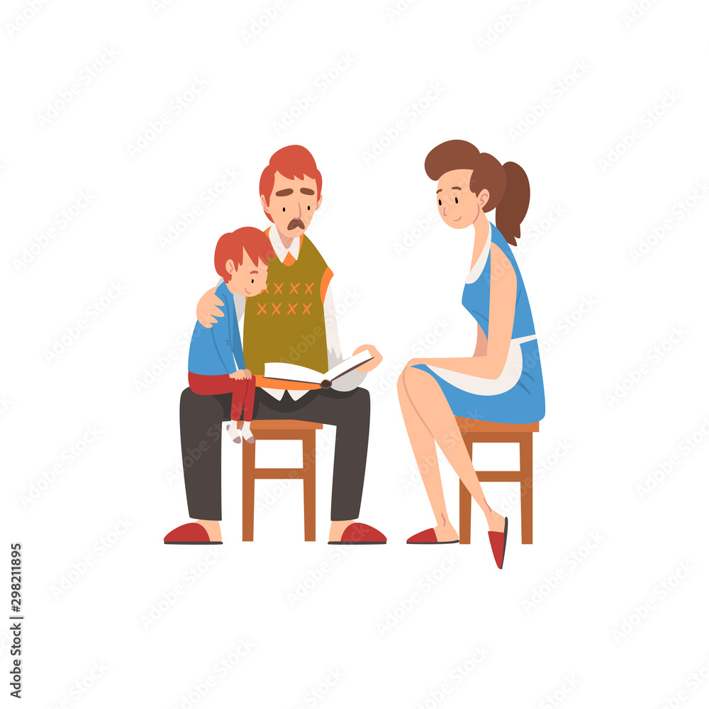 Father Reading a Book to his Son, Boy Sitting on Fathers Knees, Mother Sitting Next on Chair Vector Illustration Father Reading a Book to his Son, Boy Sitting on Fathers Knees, Mother Sitting Next on Chair Vector Illustration