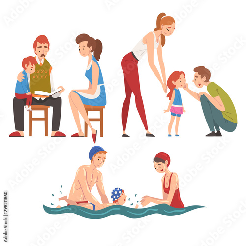 Loving Parents and Their Kids Set, Father, Mother and Chilren Spending Good Time Together, Happy Family Relationship Vector Illustration photo