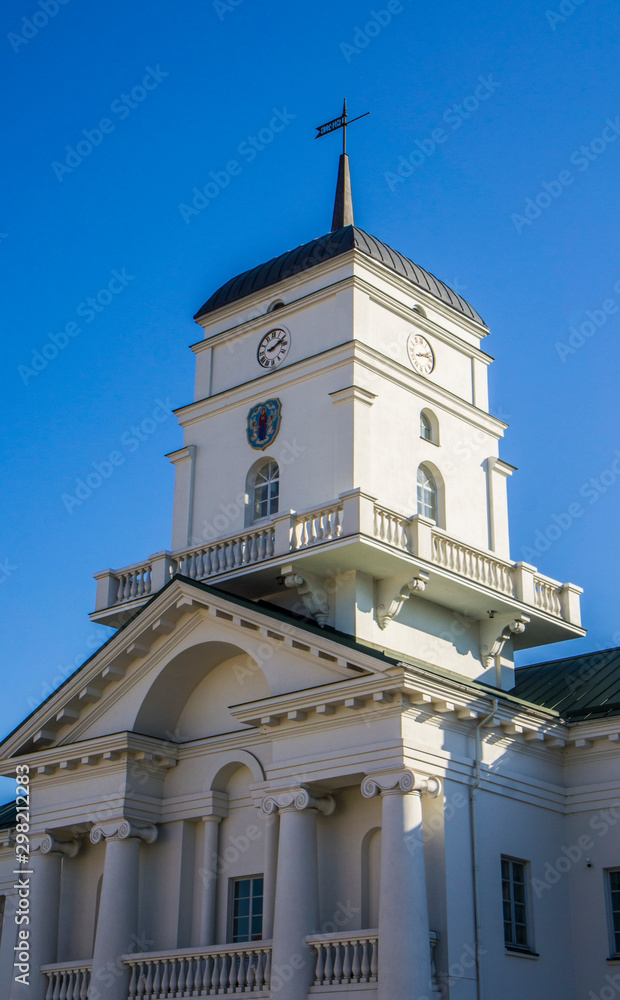 Minsk/Belarus - October 23 2019: City Hall of Minsk. Medieval clock tower. Europe architecture. Beautiful clean buildings.