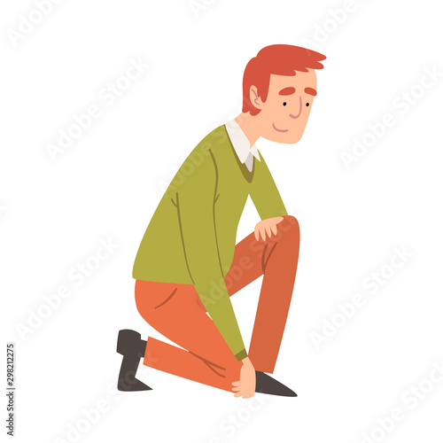Cheerful Young Man Squatting, Loving Father Character Vector Illustration