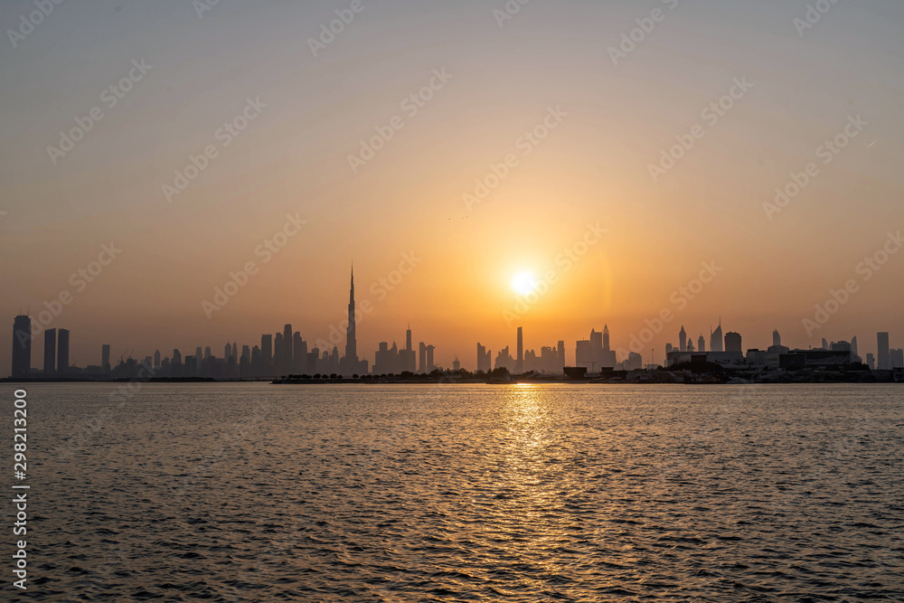 Amazing view of Burj Khalifa, World Tallest Tower along with downtown skyscrapers. A view from Dubai Creek Harbour.