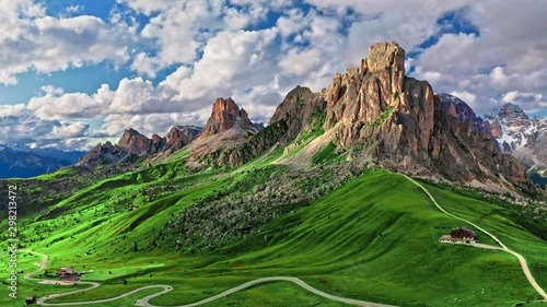 Passo Giau in Dolomites in autumn, aerial view, Italy