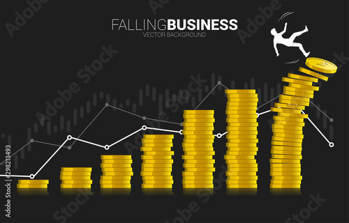 Silhouette of businessman falling down from stack of money coin. Concept of decline in business value and revenue.