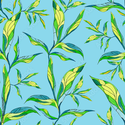 Seamless pattern with leaves on a light blue background. Endless repeating print. Watercolor texture  batik style.