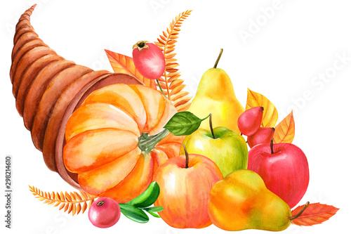 autumn cornucopia of flowers, vegetables and fruits on an isolated white background, watercolor painting, hand drawing photo