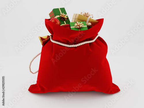 Christmas gifts in red bag from Santa Claus on a white background 3D render