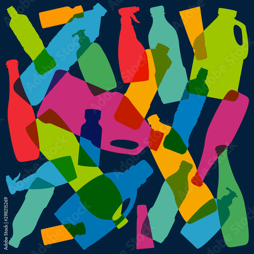 Concept de la pollution de l’environnement par une consommation de plastique non recyclé avec pour symbole différentes silhouettes alignées de bouteilles en couleurs.