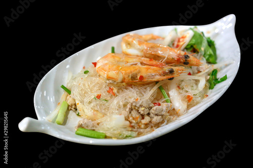 Shrimp Vermicelli Salad sea food or Spicy Salad on black background, focus selective.
