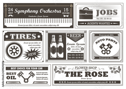 Advertisement in retro newspaper, vintage services advertising flyers