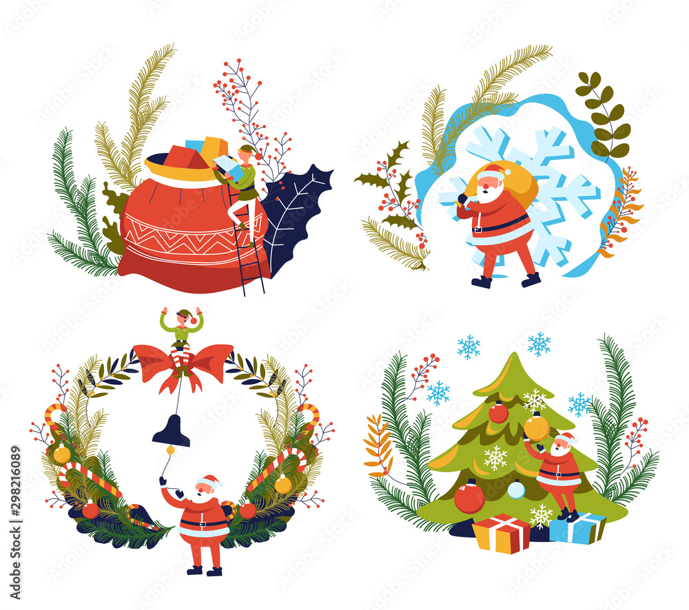 Christmas and New Year, Santa Claus gifts and Xmas tree Christmas and New Year, Santa Claus gifts and Xmas tree