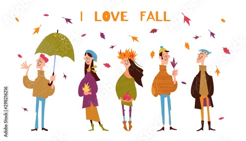 Group of smiling young men in autumn clothes stands under the falling leaves. Autumn seasonal illustration with characters on white background
