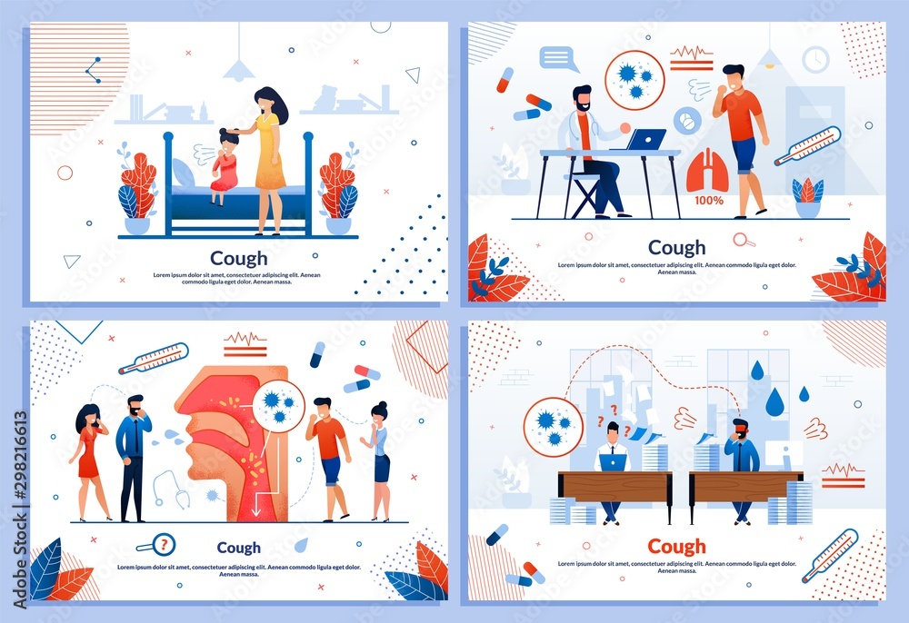 Cough as Disease Symptom Flat Medical Banner Set Cough as Disease Symptom Flat Medical Banner Set
