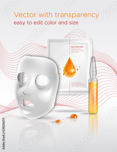 Facial sheet mask, sachet package. Transparent Glass Ampoule liquid drug solution. Beauty product packaging design.Template with label and logo for skin care emulsion, cream, serum