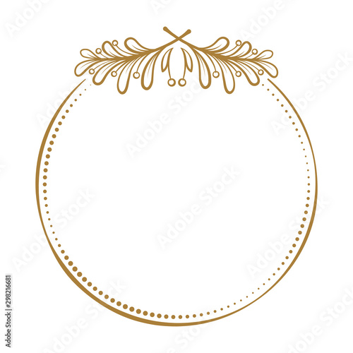 Vector round dotted frame with mistletoe leaf decoration. Christmas vintage style template.