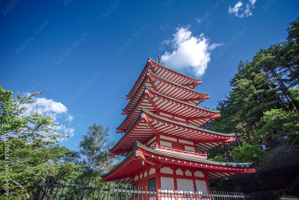 Fujiyoshida, Japan at Chureito Pagoda and Mt. Fuji in the spring with cherry blossoms. Fujiyoshida, Japan at Chureito Pagoda and Mt. Fuji in the spring with cherry blossoms.