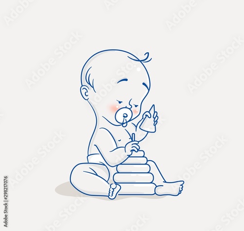 Cute little baby sitting on floor and playing with pyramid toy. Vector illustration