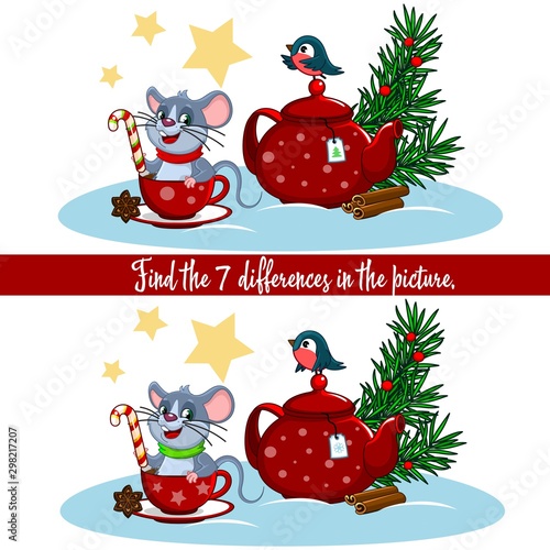 New Year's children's illustration riddle for children with the image of a mouse, a teapot with a cup. Find the differences in the pictures.