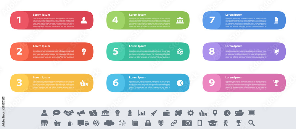 Infographic design business concept vector illustration with 9 steps or options or processes represent work flow or diagram or web button banner Infographic design business concept vector illustration with 9 steps or options or processes represent work flow or diagram or web button banner