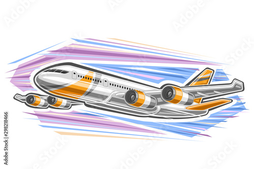 Vector logo for Airplane in motion, decorative label with illustration of high speed modern airplane with 4 turbines flying on abstract sky background.