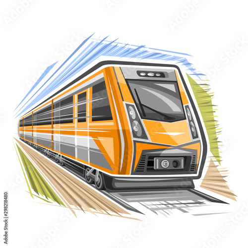 Vector logo for Train in motion, decorative sign with illustration of high speed modern train rushing by railway on abstract background.
