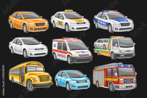 Vector set of Cars, 9 illustration of cut out city vehicles on black background, white taxicab, police car, ambulance van with red lights, municipal tow truck, school bus and fire engine with ladder.