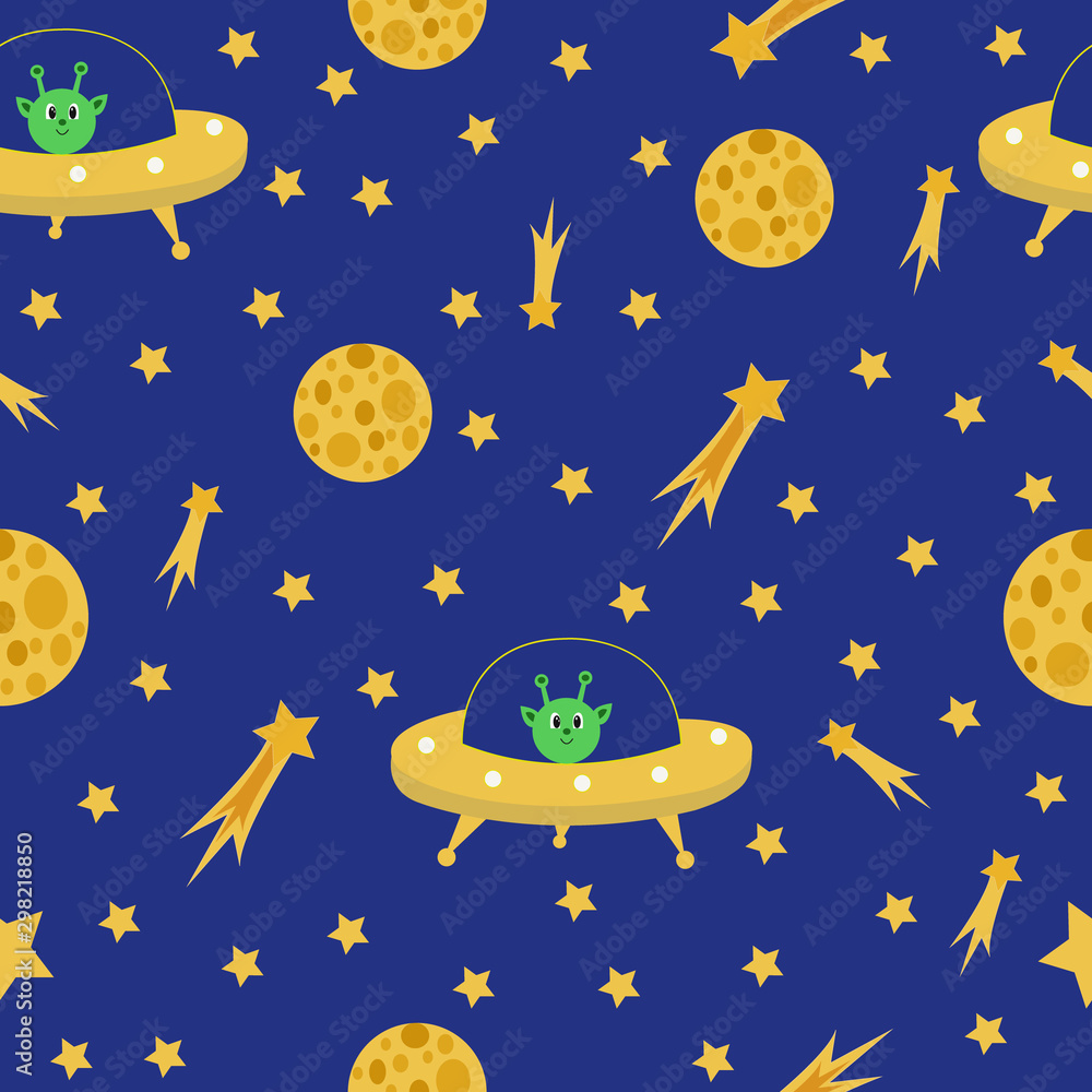 Seamless pattern with a flying saucer, stars and comets on a blue background. Vector.