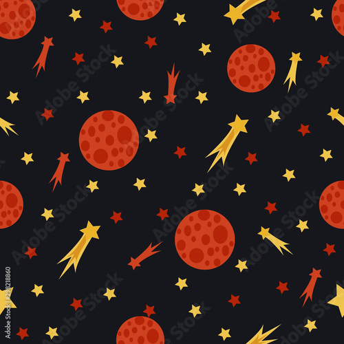 Seamless pattern with stars and comets on a black background. Vector   illustration for children textile.
