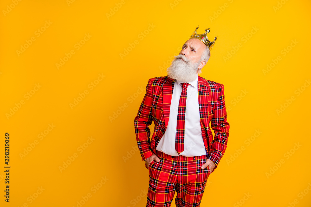 Obraz premium Portrait of his he nice handsome attractive arrogant rich wealthy proud gray-haired man thinking creating idea isolated over bright vivid shine vibrant yellow color background