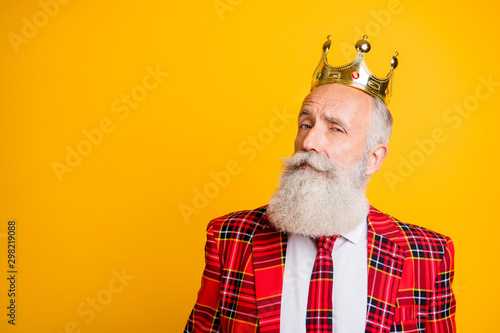 Close up photo of cool look grandpa white beard see pretty young princess flirty eyes wear golden crown red blazer tie outfit isolated bright yellow color background photo