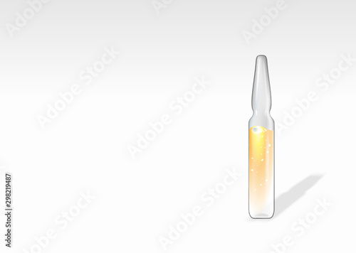 Transparent Medical Ampoule with Yellow liquid drug solution.Vial hypodermic injection.Treatment disease care in hospital and prevention illness.Glass bottle for vaccine, drug, vitamin, cosmetic oil