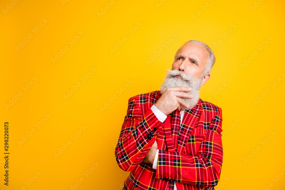 Close-up portrait of his he nice handsome attractive lovely pensive gray-haired man creating festive idea isolated over bright vivid shine vibrant yellow color background Close-up portrait of his he nice handsome attractive lovely pensive gray-haired man creating festive idea isolated over bright vivid shine vibrant yellow color background