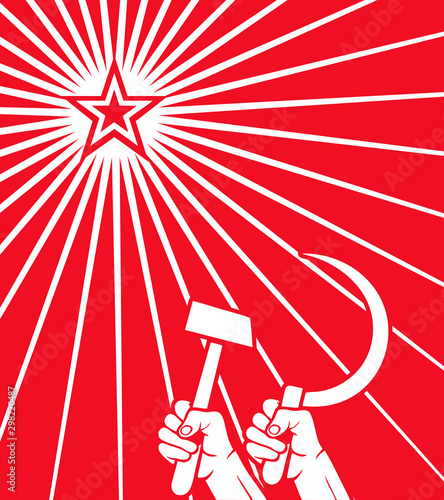 Soviet red propaganda poster of the Cold War, raised in the air fist, sickle and the star of communism. THE USSR. Vector