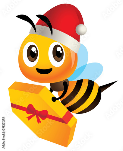 Merry Christmas. Happy cute bee wearing Christmas hat and carrying a Christmas honey gift. - vector character
