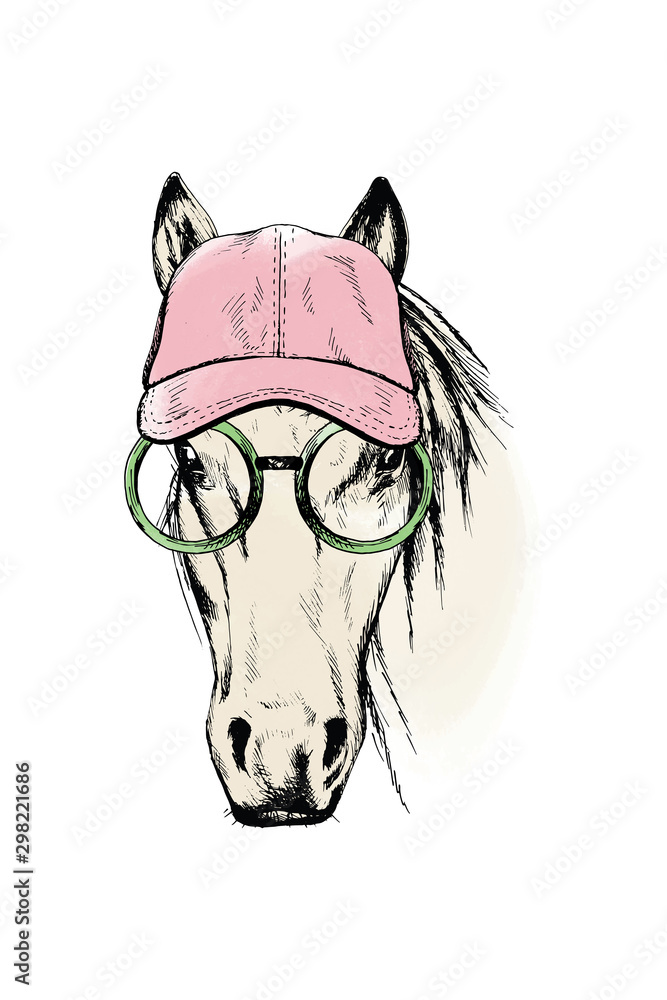 Horse in pink baseball cap and glasses . Modern sketch poster on white background