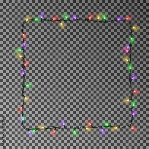 Christmas lights square vector, light frame isolated. Xmas light border effect. Vector illustration