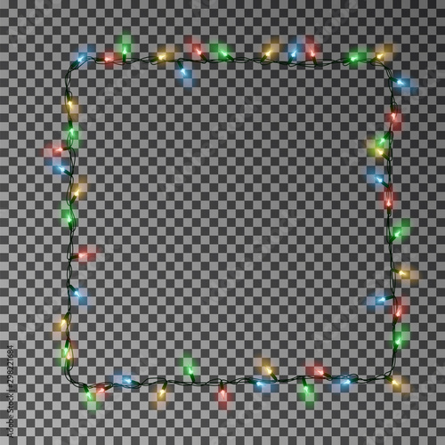 Christmas lights square vector, light frame isolated. Xmas light border effect. Vector illustration