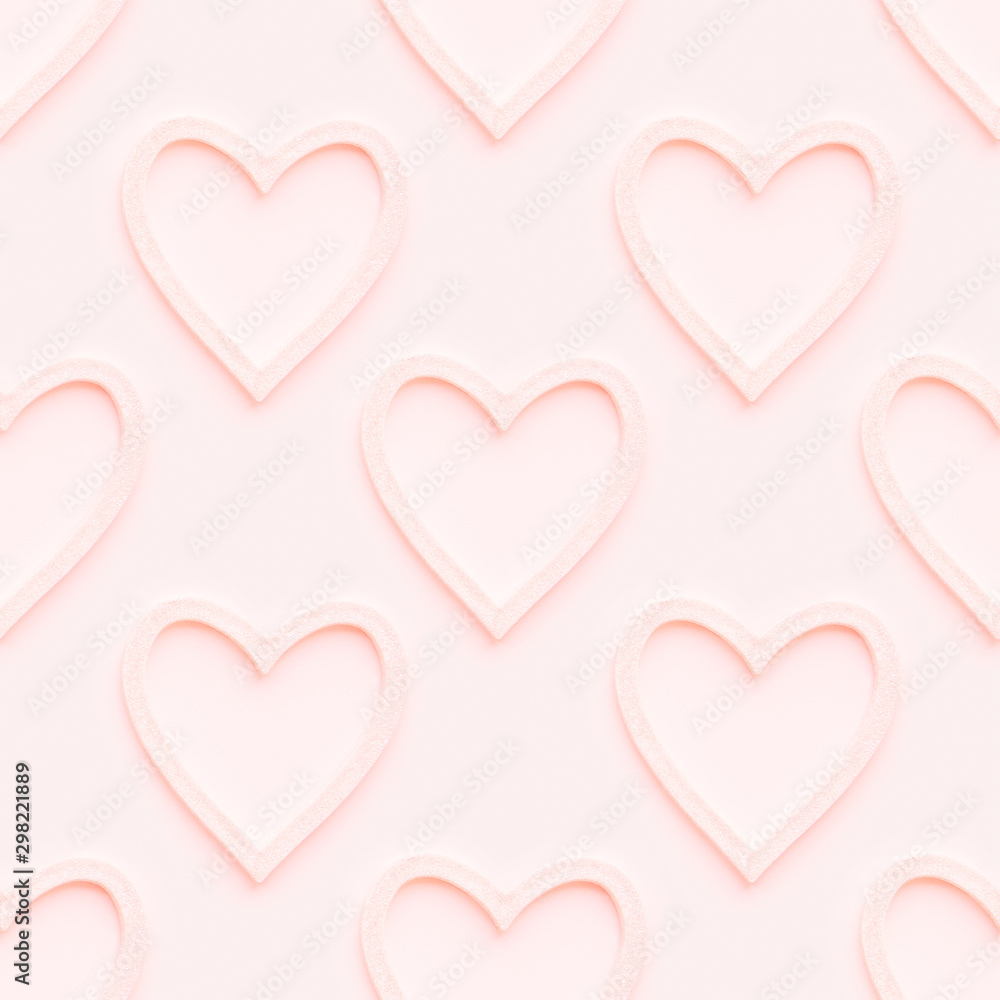 Seamless pattern with decorative coral colored hearts. Christmas or Valentine's Day decorations on pink background. Symbol of love, photo pattern.