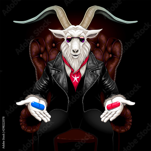 The billy goat is offering the blue and red pills