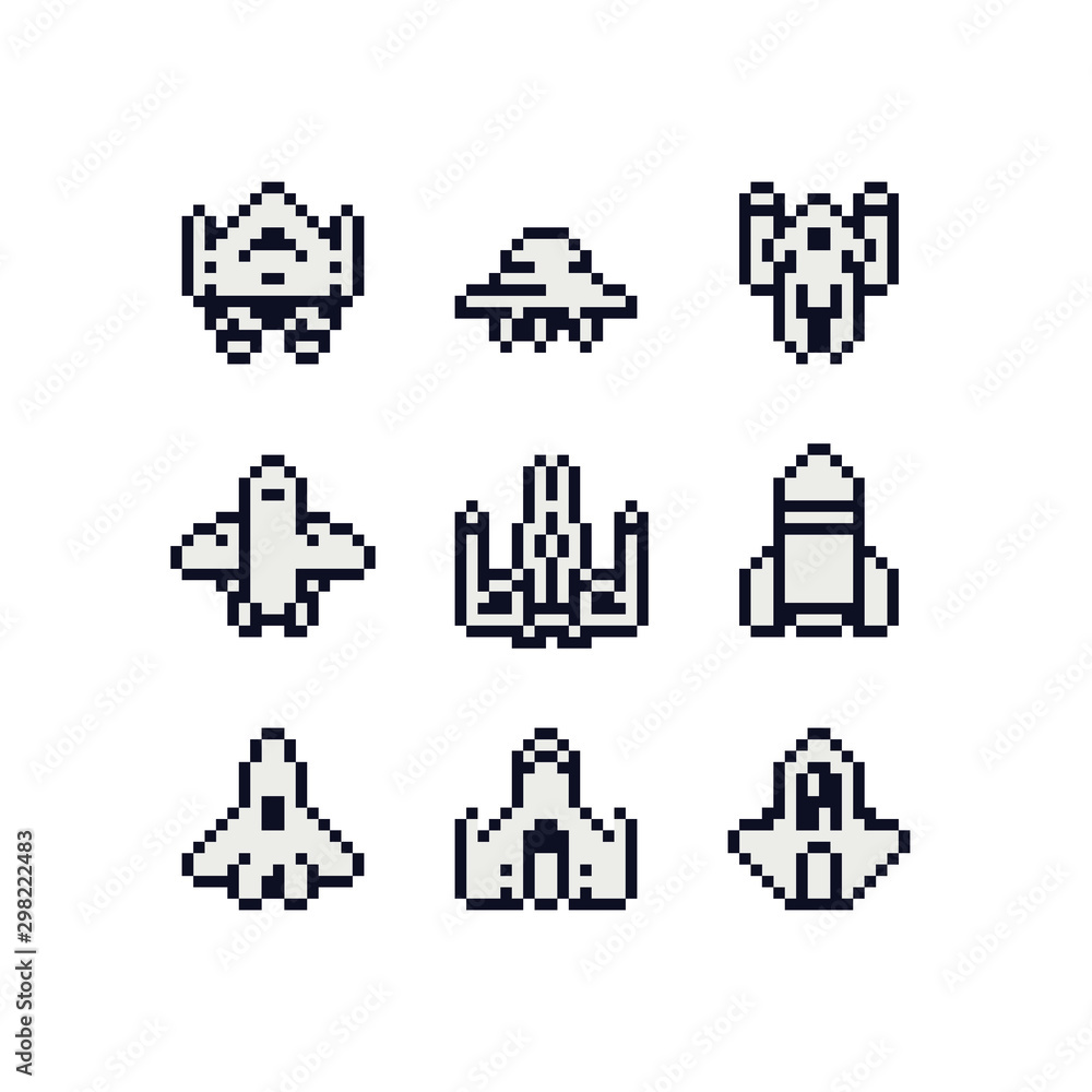 Ufo spaceship pixel art icon set. Cute spacecraft logo for game. Design for sticker, mobile app and embroidery. Game assets 8-bit sprite. 8-bit. Isolated vector illustration. Ufo spaceship pixel art icon set. Cute spacecraft logo for game. Design for sticker, mobile app and embroidery. Game assets 8-bit sprite. 8-bit. Isolated vector illustration.