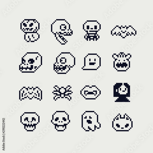 Halloween cute abstract characters set, cast, monster, bat, spider, skull, vampire, pixel art style icons, element design for logo, app, web, sticker. Video game sprite. Isolated vector illustration. 