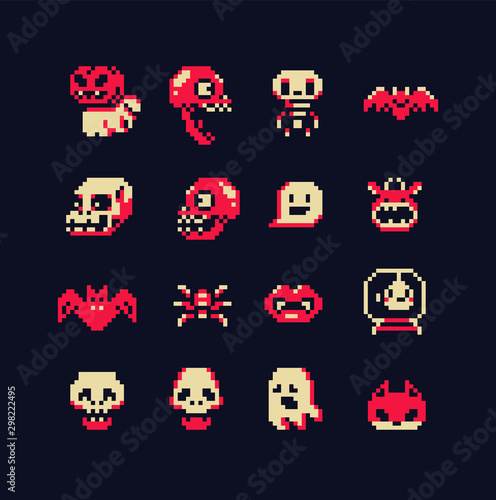 Halloween cute abstract characters set, cast, monster, bat, spider, skull, vampire, pixel art style icons, element design for logo, app, web, sticker. Video game sprite. Isolated vector illustration. 