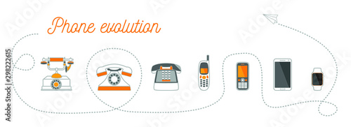 Vector set of phone drawings icons in flat design. The evolution of telephone sets. Isolated on white background