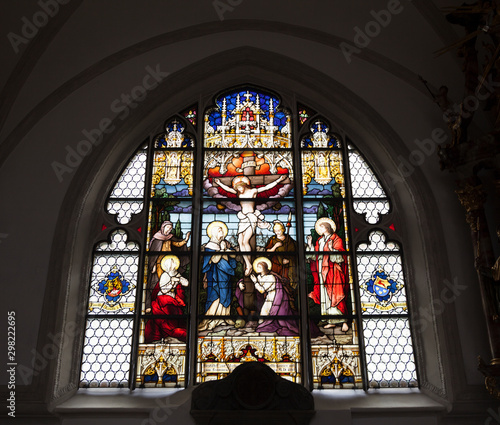 Stained glass in the Church of the ascension of Mary. Landsberg Am Lech, Germany, Bavaria