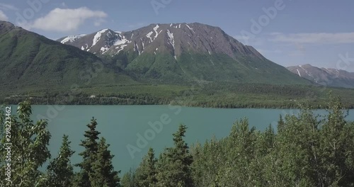 Drone shot rising from behind a forest of pine trees and revealing the beautiful Cook Inlet in South Central Alaska during a sunny summer day. photo