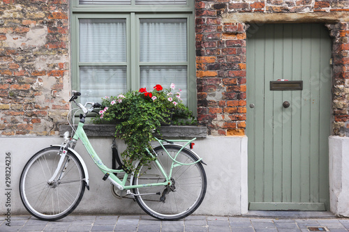 Bicycle parked near the building house wall with green door and window, flowers